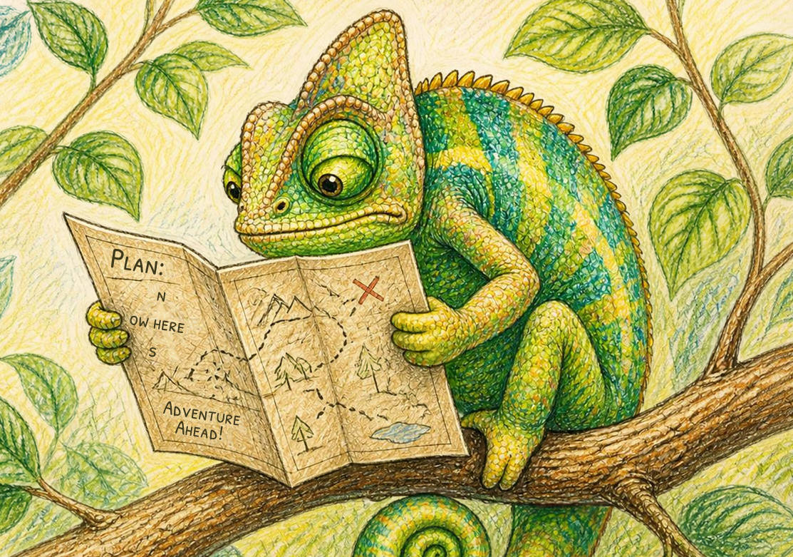 A chameleon reading an options trading guide