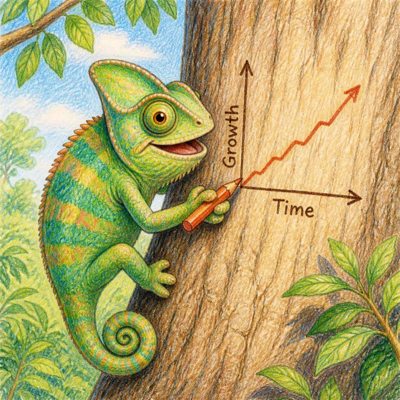 A chameleon studying an options trading chart